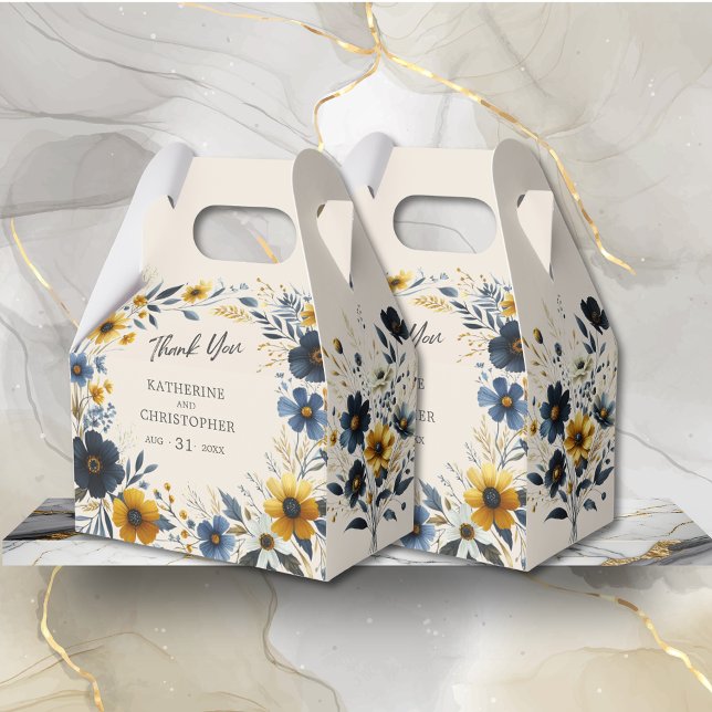Ballotins Aquarelle Fleur sauvage Elégant Beige Grand Mariag (Watercolor Floral Large Wedding Favor Box with Yellow and Blue Wildflowers, Wedding Info, QR Code.)