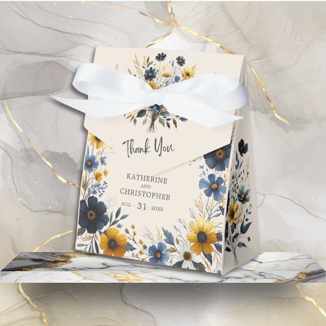 Ballotins Aquarelle Fleurs sauvages Élégant Merci de mariage (Watercolor Wildflowers Elegant Wedding Favor Bow Box with Blue and Yellow Wildflowers, Couples Names)