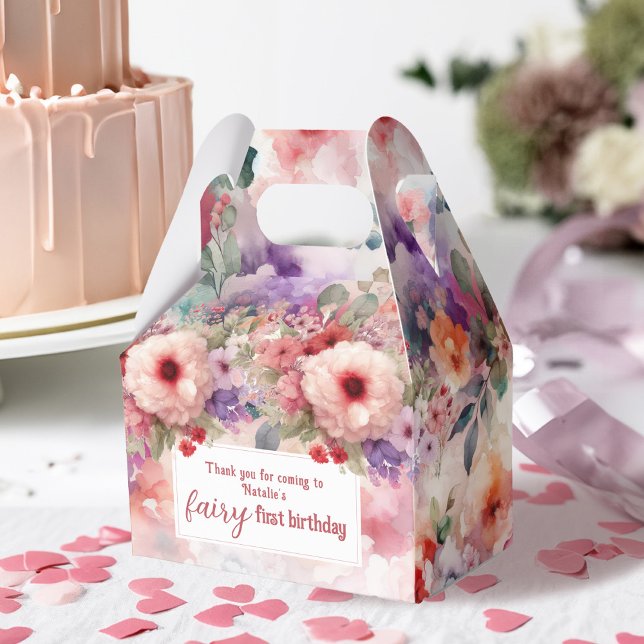 Ballotins Aquarelle Jardin Floral Fée Premier anniversaire (Fairy First Birthday Watercolor floral favor Boxes)