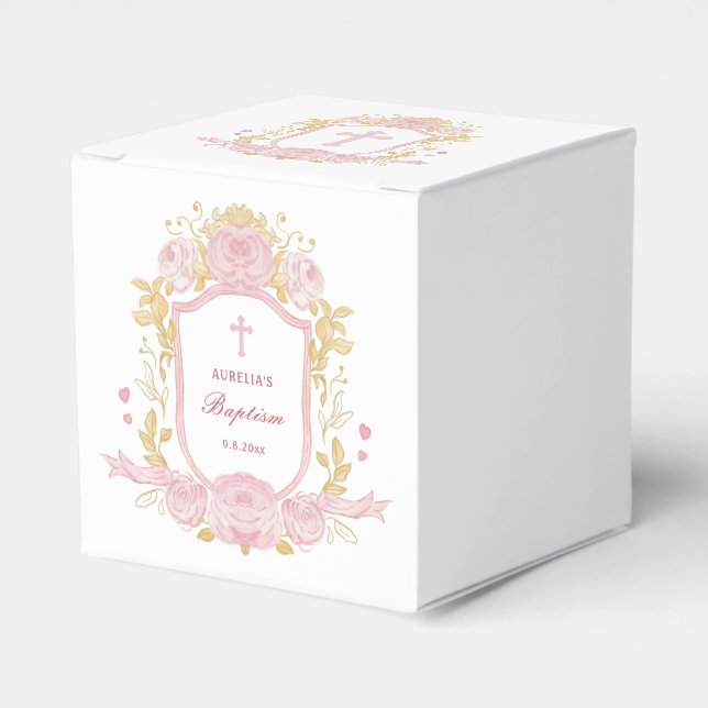 Ballotins Aquarelle Rose Crest Baptism Cube (Verso)