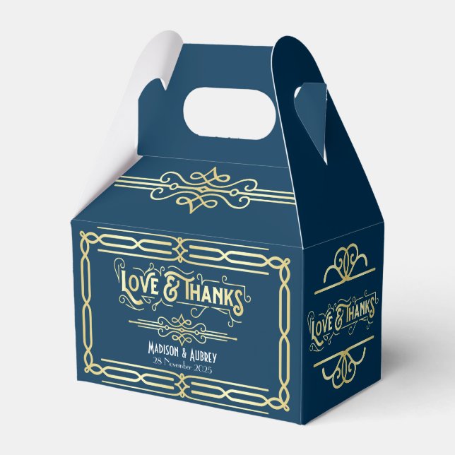 Ballotins Art Déco Mariage Love & Thanks Gold Blue Favor (Verso)