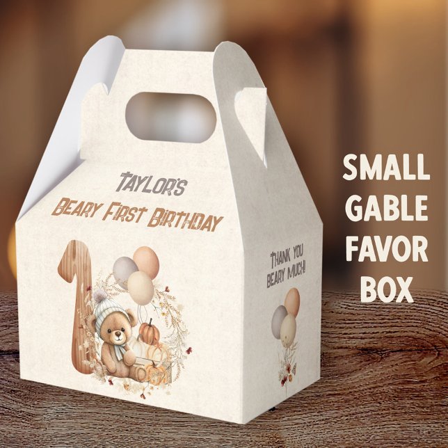 Ballotins Automne Ours Citrouille Garçon 1er Anniversaire Ga (Fall Bear Girl Small Gable Favor Boxes - You can choose from 3 sizes of these gable favor boxes)