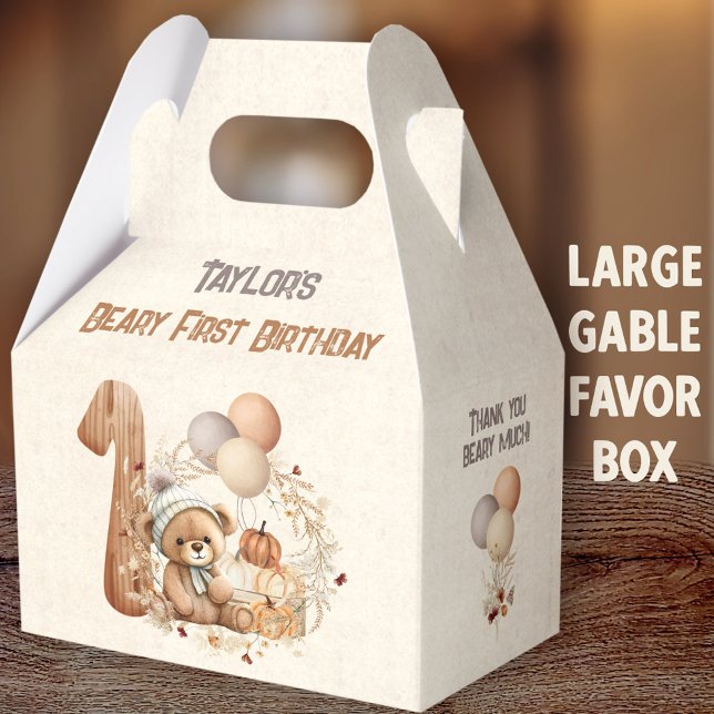 Ballotins Automne Ours Citrouille Garçon 1er Anniversaire Gr (Fall Bear Girl Large Gable Favor Boxes - You can choose from 3 sizes of these gable favor boxes)