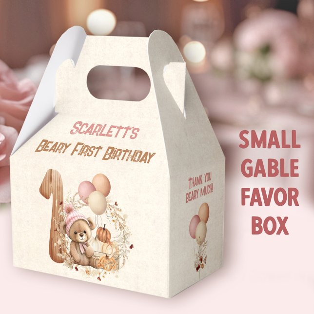 Ballotins Automne ours fille 1er anniversaire Gable (Fall Bear Girl Small Gable Favor Boxes - You can choose from 3 sizes of these gable favor boxes)