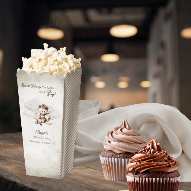Ballotins Avion Teddy Bear Baby shower de livraison spécial ("Special Delivery Via Airmail . . . It's A Boy!" Teddy Bear | Airplane Baby Shower Popcorn Favor Box)