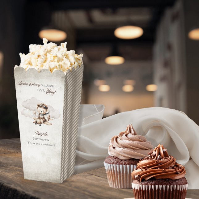 Ballotins Avion Teddy Bear Baby shower de livraison spécial ("Special Delivery Via Airmail . . . It's A Boy!" Teddy Bear | Airplane Baby Shower Popcorn Favor Box)
