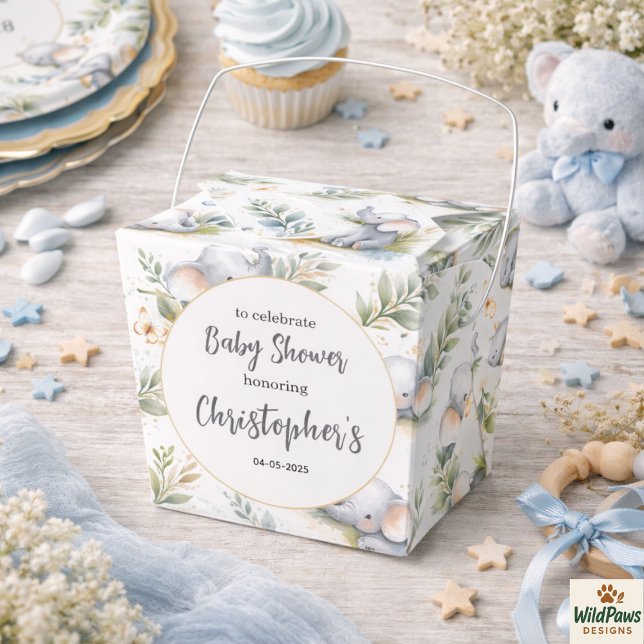 Ballotins Baby-shower aquarelle éléphant garçon – Safari ble (Boy’s Elephant Watercolor Baby Shower –Blue Safari Favor Boxes
)