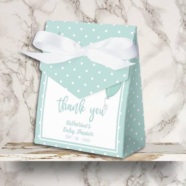 Ballotins Baby shower BOHO Genre Neutre Monnaie Vert (Baby Shower Thank You Favor Box with Bow, Mint Green Polka Dots, Balloon, Mom's Name, Date.)