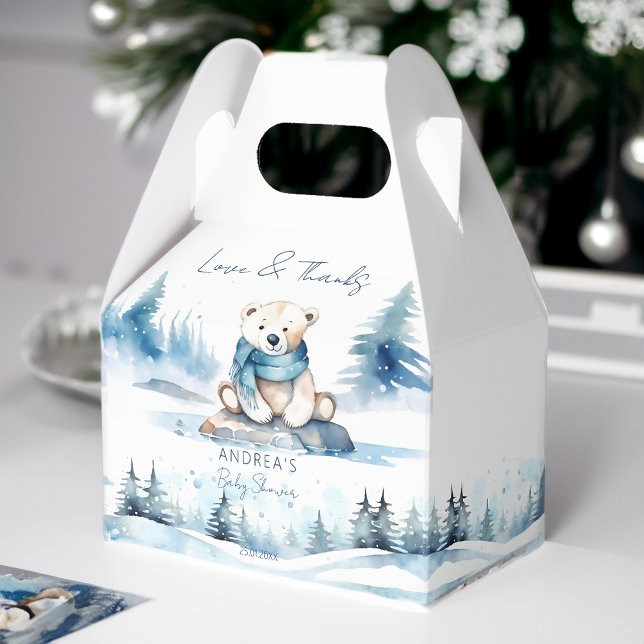 Ballotins Baby shower d'attente hivernale de l'ours polaire (Polar bear winter bearly wait baby shower favor box cute teddy bear with a scarf blue pines baby boy)