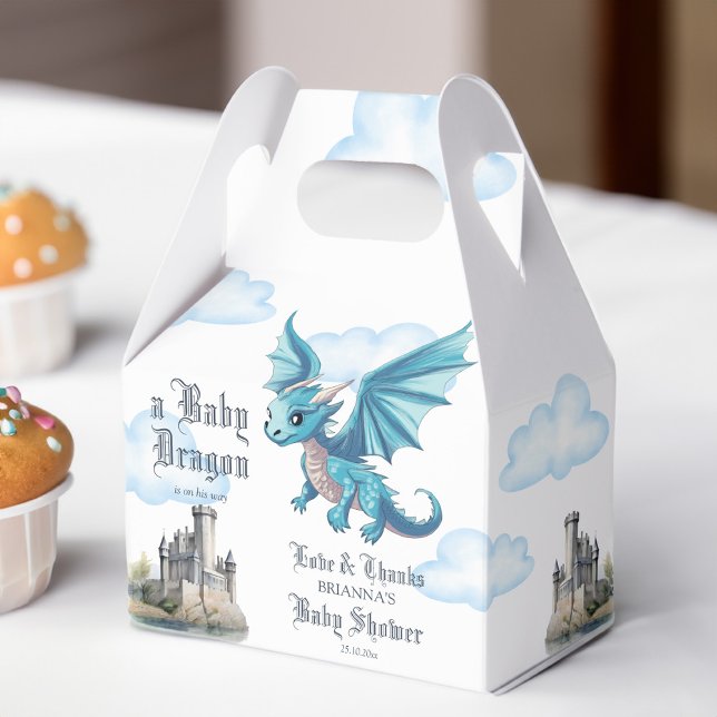 Ballotins Baby shower de dragon bleu médiéval customisé (Medieval cute blue baby dragon baby shower favors personalized printed favor boxes)