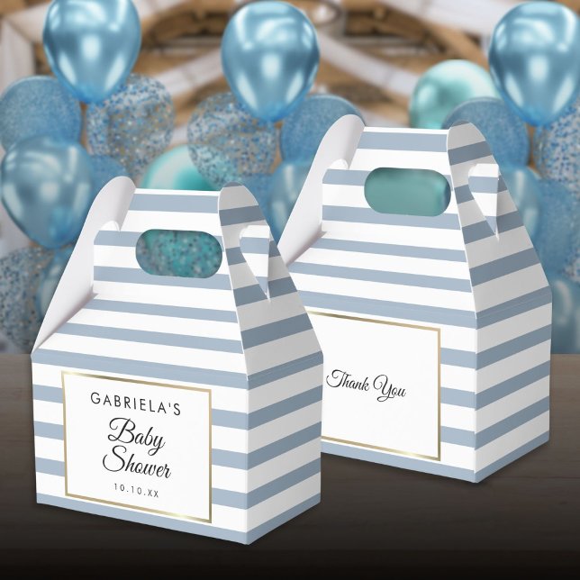 Ballotins Baby shower D'Or Dusty Bleu Et Blanc (Dusty Blue And White Stripe Gold Baby Shower Favor Boxes)