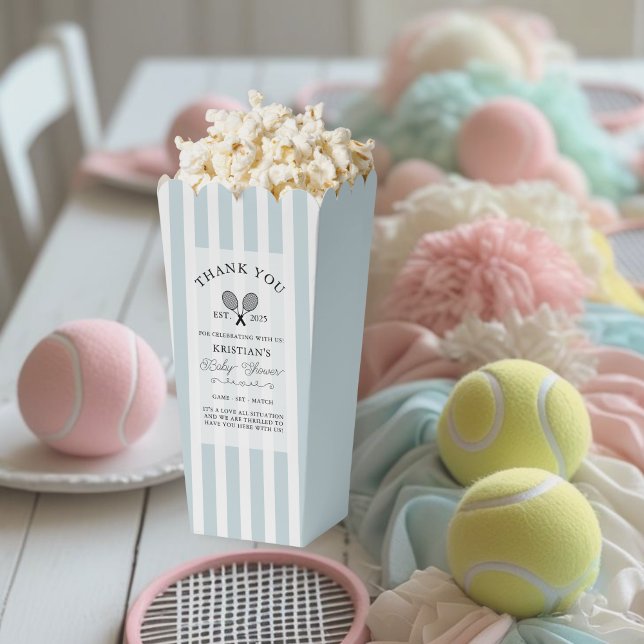 Ballotins Baby shower Merci de tennis chic Blue Stripes (elegant baby blue tennis theme baby shower popcorn boxes for favors, gifts  or thank you prizes)