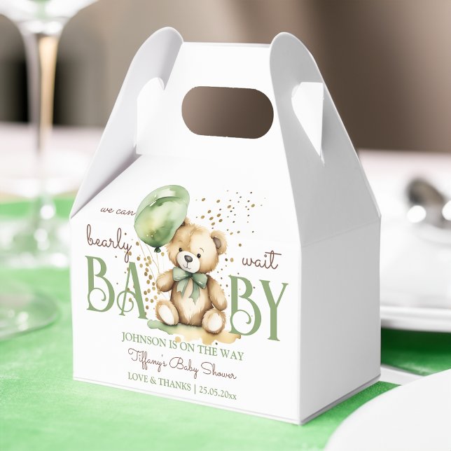 Ballotins Baby shower vert brun brun à l'ours en peluche (Bearly wait teddy bear sage green brown baby shower favors personalized printed favor boxes)