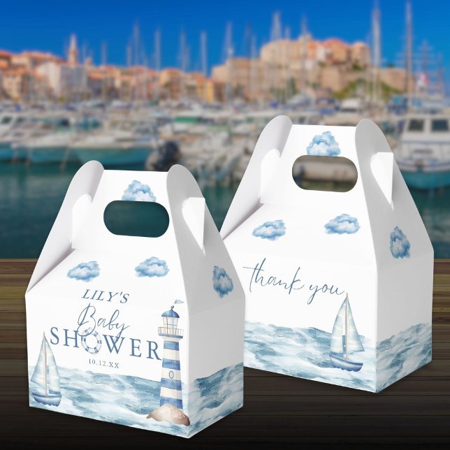 Ballotins Bain de bébé bleu aquarelle sur le thème marin (Watercolor Blue Nautical Baby Shower Favor Boxes)