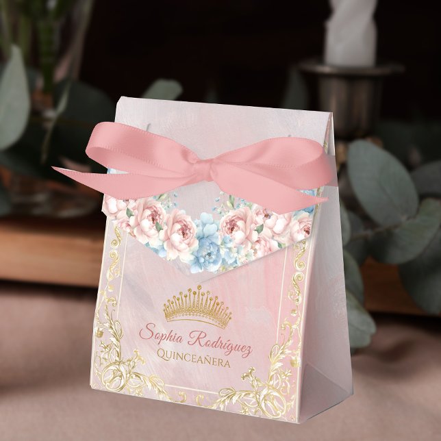Ballotins Ballotin de Quinceanera rose rose de couronne clas (Classy Crown Floral Pink Quinceanera Favor Box)