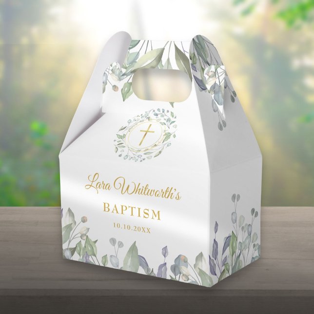 Ballotins Baptême Christening Laurel Garland Gold Cross (Baptism Christening Laurel Garland Gold Cross Favor Box)