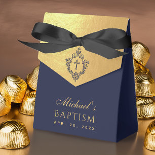 Ballotins Baptême Garçon Blason Bleu Marine Faux Papier Doré