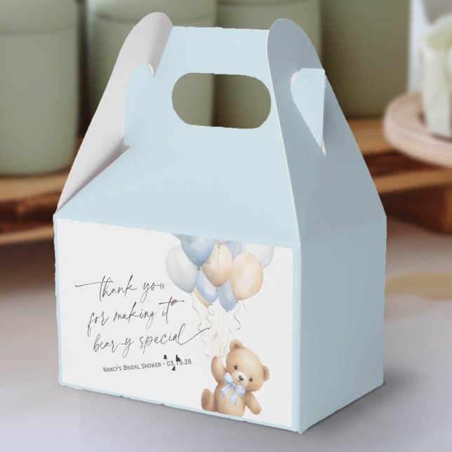 Ballotins Bearly Wait Cute Teddy Bear et Ballons Bleus (We Can Bearly Wait, Blue Baby Boy Shower Favor Box.)