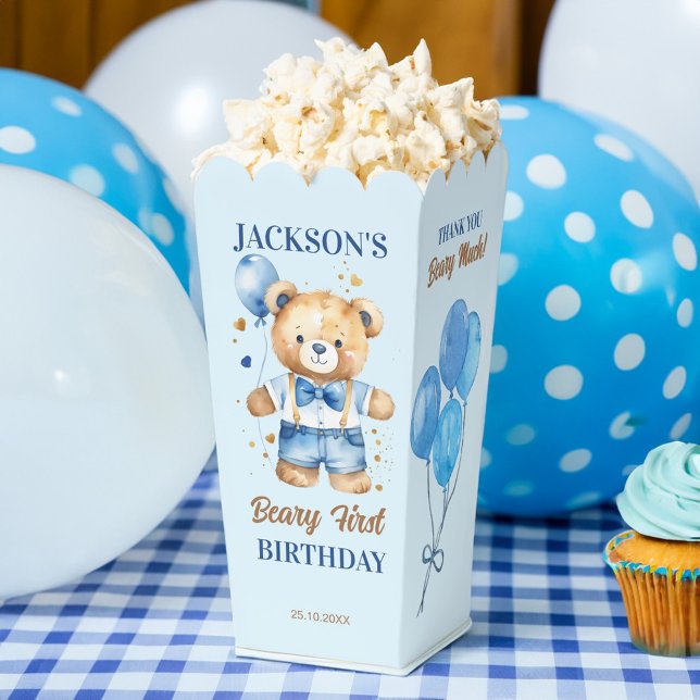 Ballotins Beary première anniversaire faveur ours en peluche (Beary first birthday party favors teddy bear personalized popcorn favor boxes table decor)