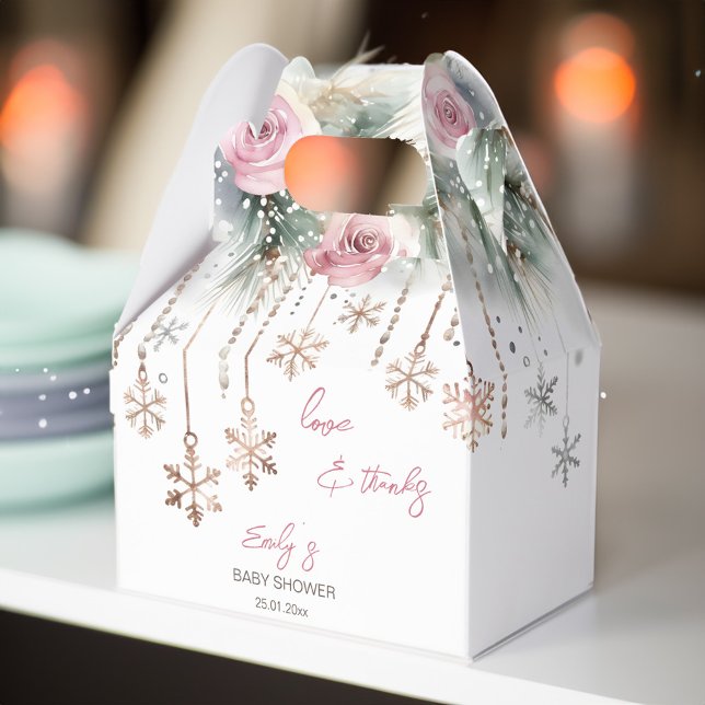 Ballotins Bébé il fait froid en dehors du baby shower d'hive (Baby it's cold outside winter girls baby shower favor box pink blush roses pines crystals snowflakes)