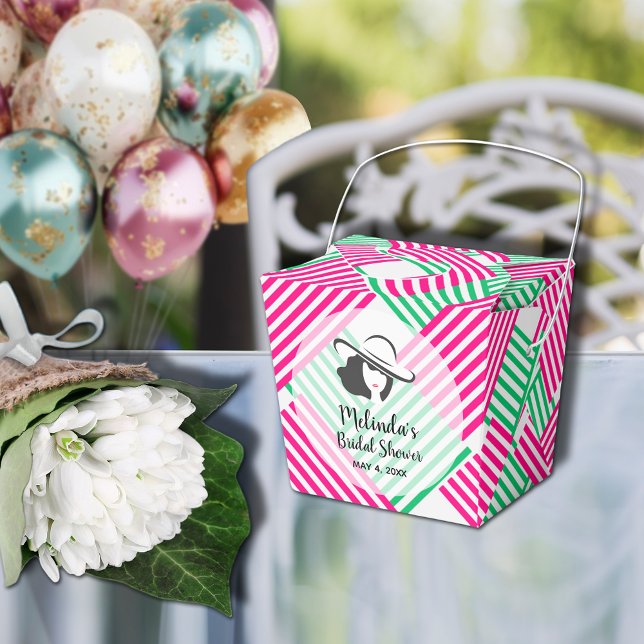 Ballotins Big Casquette Derby Lady Hot Rose Green Stripes 2" (Big Derby hat lady on hot pink and green diagonal stripes takeout style bridal shower favor boxes)