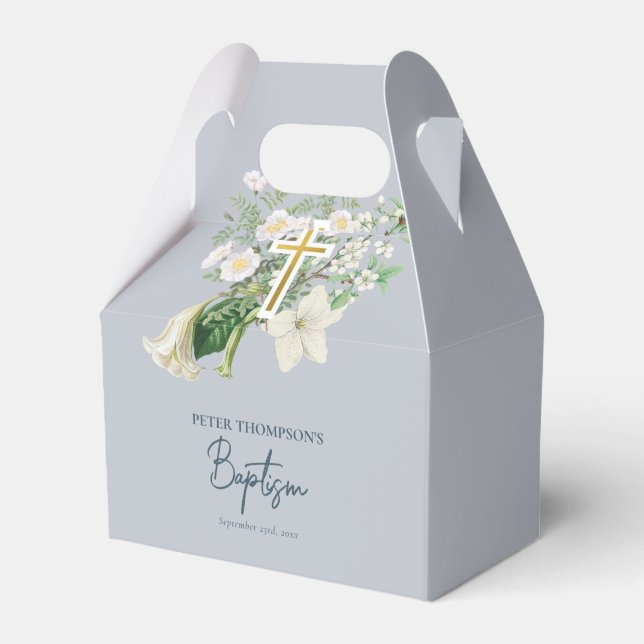 Ballotins Bleu Dusty Blanc Floral Croix religieuse Baptême (Verso)