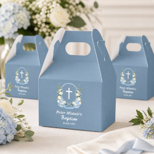 Ballotins Bleu Poussiéreux Croix Blanche Florale Baptême