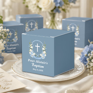 Ballotins Bleu Poussiéreux Croix Blanche Florale Baptême