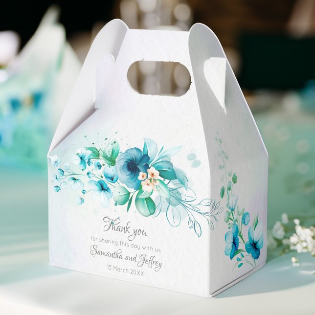Ballotins Bleu turquoise fleurs vertes fleurs florales boîte (Blue teal green flowers floral personalized wedding favor box wedding favors aqua blue floral)