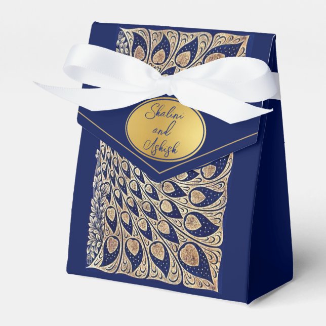 Ballotins Blue Gold Peacock Art Nouveau Mariage Favor Box (Verso)