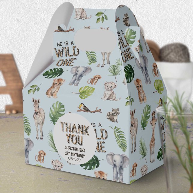 Ballotins Blue Wild One thème garçon 1er anniversaire (Wild One, Blue Jungle Animals, Birthday favor box.)