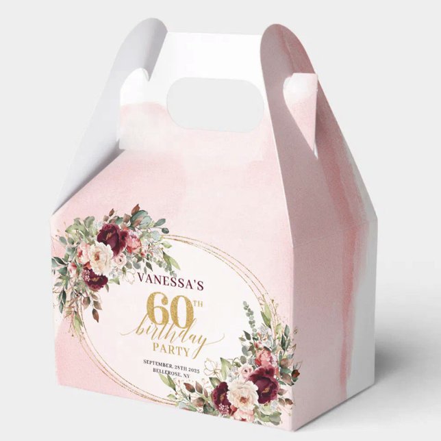 Ballotins Boho Blush Burgundy Gold Floral 60th Gift Box (Luxurious Boho Burgundy Roses 60th Birthday Favor

)