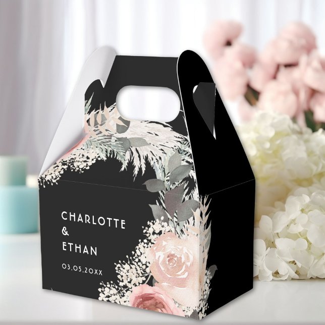 Ballotins Boho Floral Mariage Box boîte cadeau (Personalized Boho Floral Wedding Black Favor Boxes with your Name & Date.)