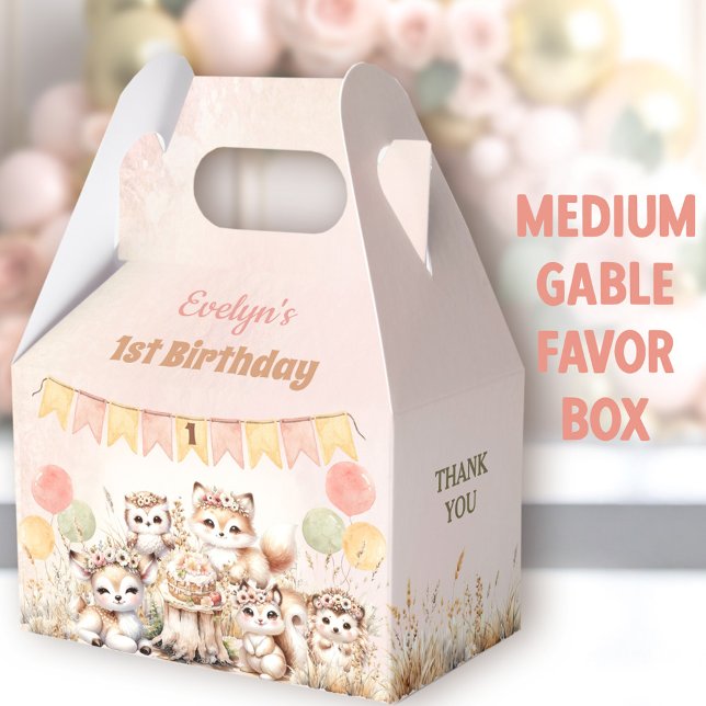 Ballotins Bois Animaux Boho Girl 1er Anniversaire Moyen (Woodland Animals Medium Gable Favor Boxes - You can choose from 3 sizes of these gable favor boxes)