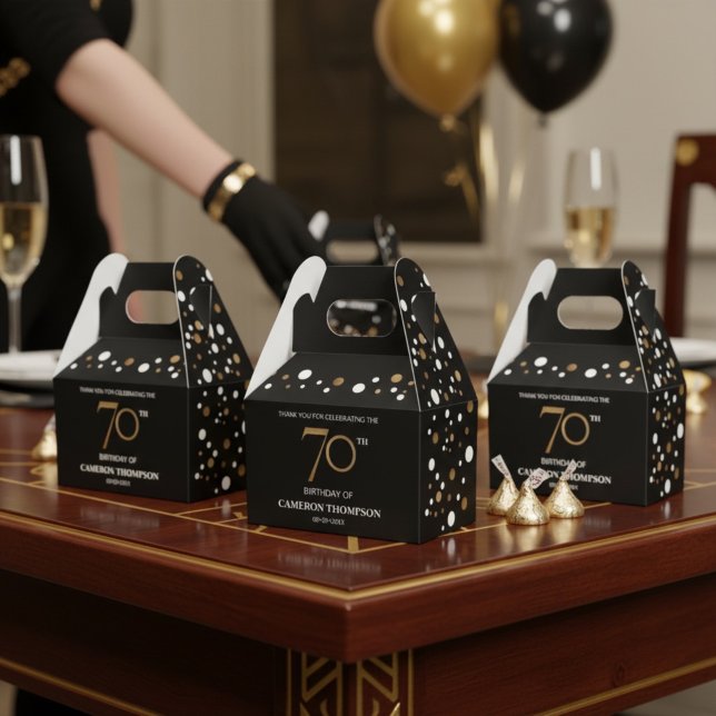 Ballotins Boîte de 70 ans de confettis dorés noirs élégants  (Customizable black gold confetti 70th birthday party favor boxes.)
