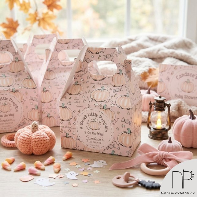 Ballotins Boîte de Faveur Rose Citrouille Peu Mignonne (Sweet Little Pumpkin Pink Favor Box features hand-drawn pumpkins and stars for Fall baby showers)