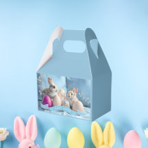 Boîte de faveurs de Pâques deux lapins et œufs de
