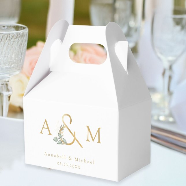Ballotins Boîte de Mariage Eucalyptus Ampersand (Eucalyptus Ampersand Wedding Box, White Gold with your monogram, names + date)