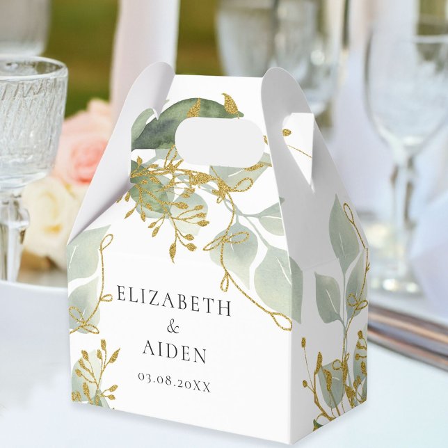 Ballotins Boîte de mariage Eukalyptus  (Personalized White Greenery Gold Eucalyptus Wedding Box with your names and date.)