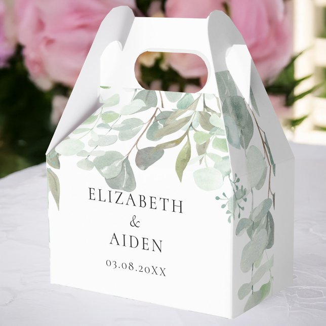 Ballotins Boîte Mariage Eucalyptus Geschenkschachtel (Personalized Eucalyptus Wedding Box with your name and date.)