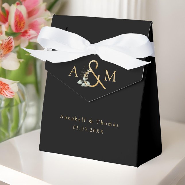 Ballotins Boîte Mariage Eucalyptus Geschenkschachtel (Eucalyptus Wedding Favor Box. Black Gold with your monogram, name and date)
