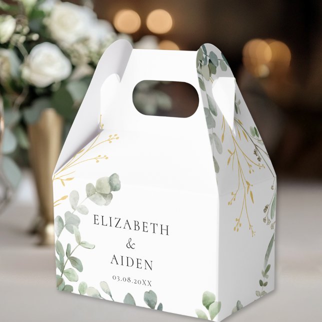 Ballotins Boîte Mariage Eucalyptus Geschenkschachtel (Floral, White, Greenery, Gold Wedding Box gift box with your name and date.)