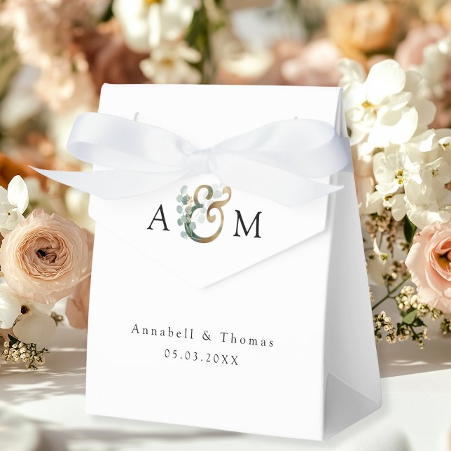 Ballotins Boîte Mariage Eucalyptus Geschenkschachtel (Eucalyptus Wedding Favor Box, Monogram, Ampersand, Botanical, white, beige-gold, green, modern.)