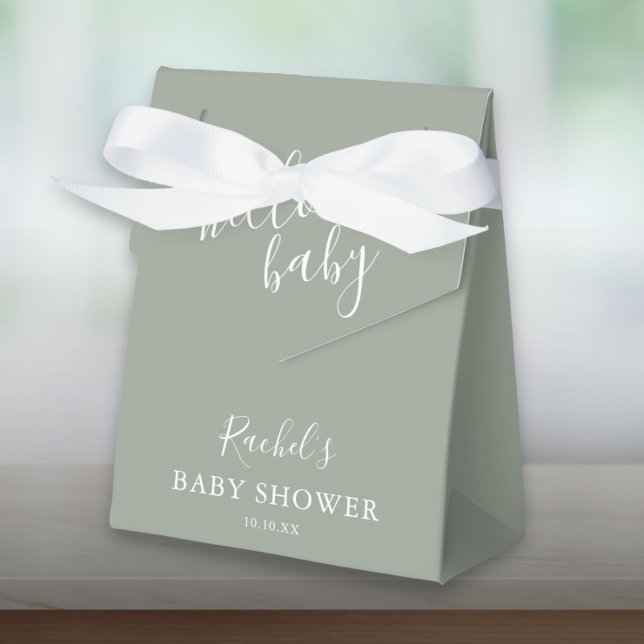Ballotins Bonjour Baby shower Genre Neutre Boho Sage Green (Hello Baby Shower Gender Neutral Boho Sage Green Favor Box)