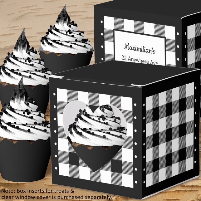 Ballotins Buffalo Check - noir et blanc - Ballotin cardiaque (Buffalo Check - Black and White - Heart Favor Box - Cupcakes - by Leapfroglisics Shop)
