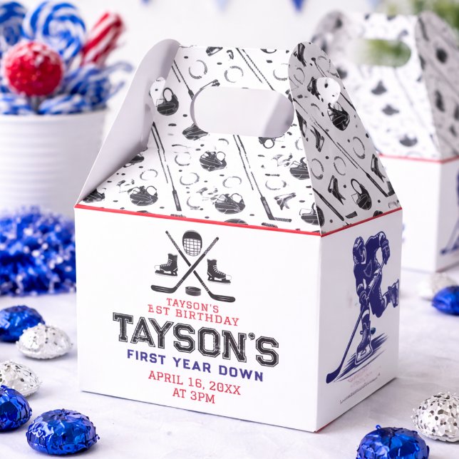 Ballotins C’est le temps du jeu Hockey 1er anniversaire (It’s Game Time Hockey 1st Birthday Party Favor Boxes
)