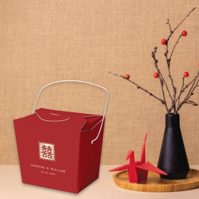Ballotins Carré classique double bonheur Mariage chinois (Red/Gold Classic Square Double Happiness Chinese Wedding Party Favor Boxes @ fatfatin_red_knot)