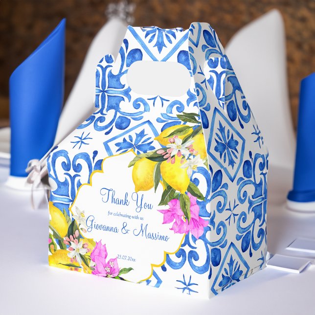 Ballotins Carreaux bleus citron Bougainvillea cadeau de mari (Blue tiles lemon Bougainvillea custom wedding gift Favor Box)