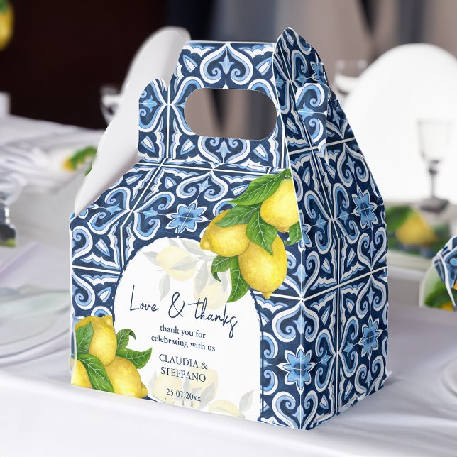 Ballotins Carrelage bleu et citron Amalfi Italien mariage me (Blue tiles and lemon Amalfi Italian wedding thank you Favor Box)
