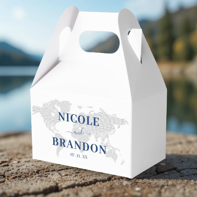 Ballotins Carte du monde bleu et blanc Destination Mariage (Blue & White World Map Destination Wedding Favor Boxes
)